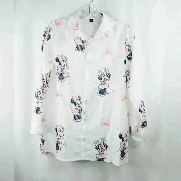 Minnie Mouse Women’s Long Sleeve White Pink Polka Dots Polyester Blouse Size M - Picture 1 of 10